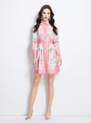 Retro Lapel Button Printed Dress