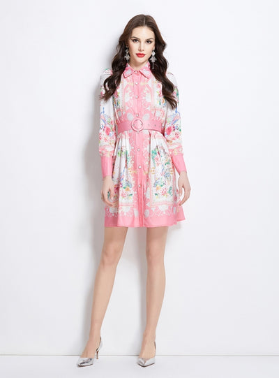 Retro Lapel Button Printed Dress
