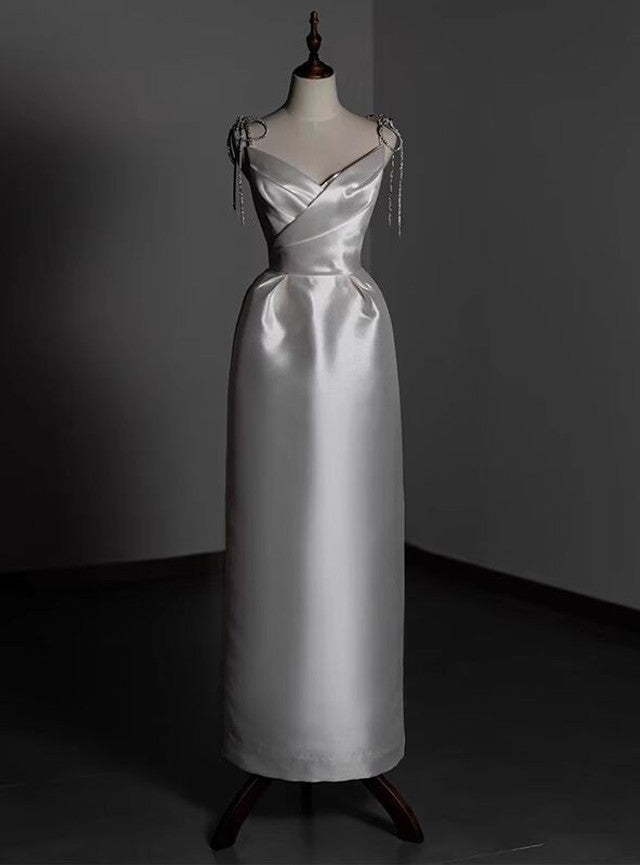 White Satin Straps Beading Wedding Dress