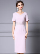 Pink V-neck Beading Pleats Mother of the Bride Dress