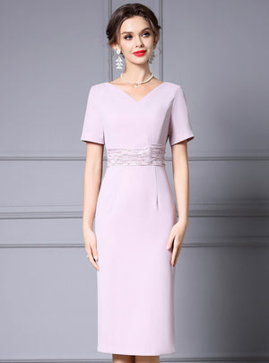 Pink V-neck Beading Pleats Mother of the Bride Dress