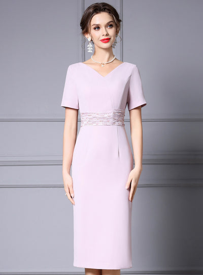 Pink V-neck Beading Pleats Mother of the Bride Dress