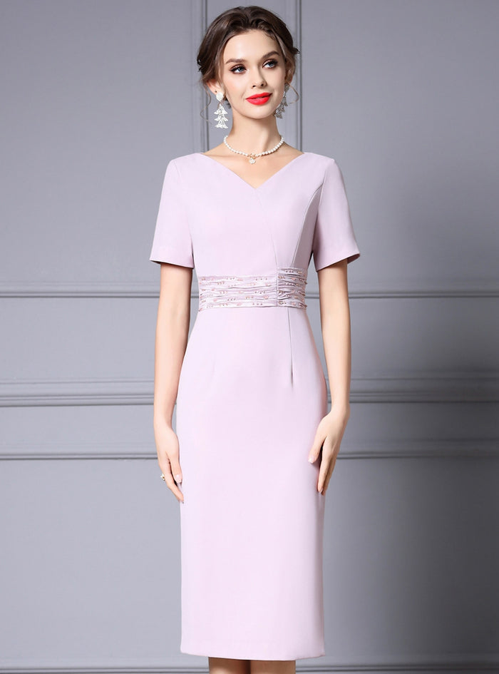 Pink V-neck Beading Pleats Mother of the Bride Dress