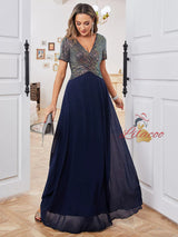 Navy Blue Chiffon Sequins V-neck Party Dress
