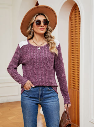 Pit Stripe Contrast Splicing Long Sleeve Round Neck T-shirt