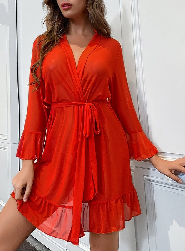 Mesh Perspective Ruffled Nightgown Pajamas