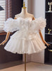 White Tulle Pleats Puff Sleeve Short Wedding Dress