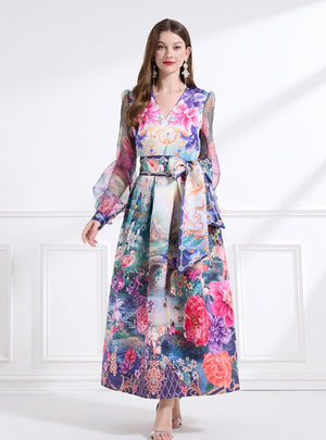 Palace Retro V-neck Lantern Sleeve Printed Dress