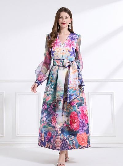 Palace Retro V-neck Lantern Sleeve Printed Dress