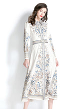 Retro Lapel Lantern Sleeve Printed Dress