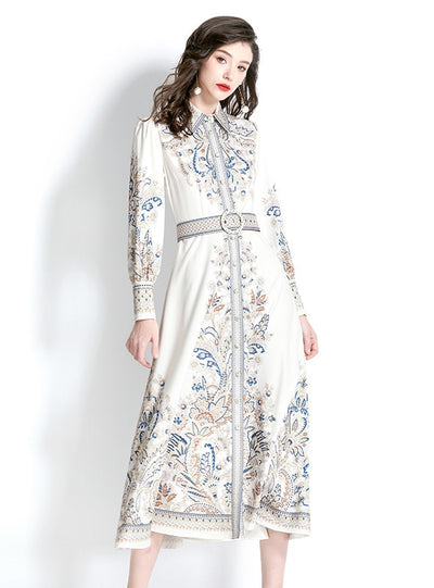 Retro Lapel Lantern Sleeve Printed Dress