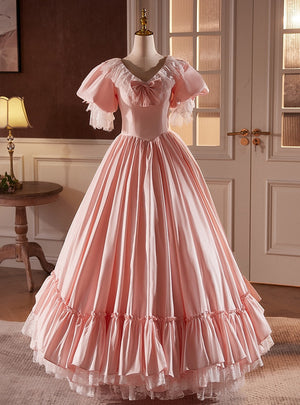 Pink Satin V-neck Puff Sleeve Lace Wedding Dress