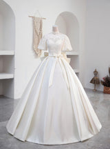Ivory White Satin High Neck Wedding Dress