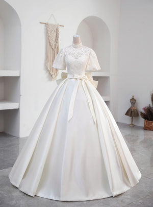Ivory White Satin High Neck Wedding Dress