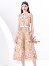 Retro Silm Waist Lapel Print Long Dress