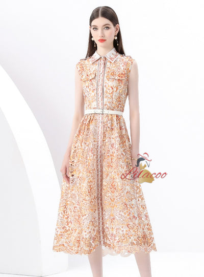 Retro Silm Waist Lapel Print Long Dress