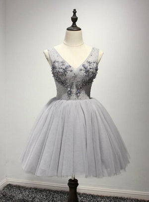 Gray Tulle V-neck Beading Homecoming Dress