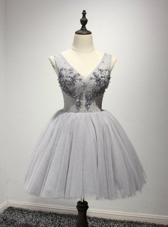Gray Tulle V-neck Beading Homecoming Dress