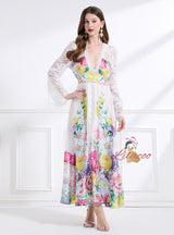 Palace Deep V-neck Flared Sleeve Lace Printed Dress