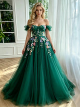 Green Tulle Off the Shoulder Appliques Prom Dress