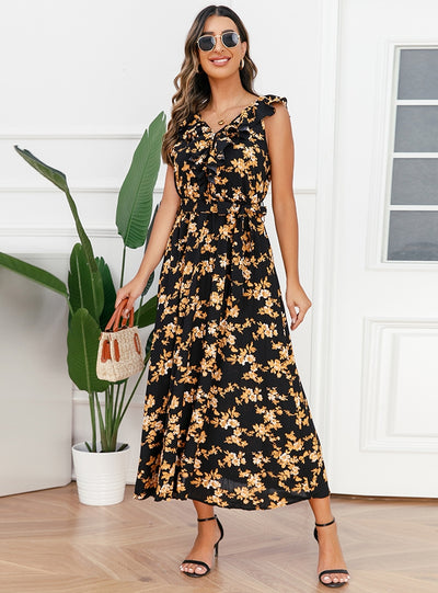 Sexy V-neck Floral Pleated Dress