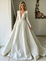 White Long Sleeve V-neck Wedding Dress