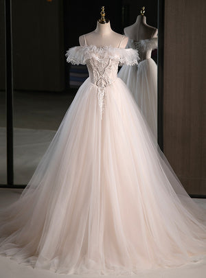 Beige Tulle Lace Spaghetti Straps Wedding Dress