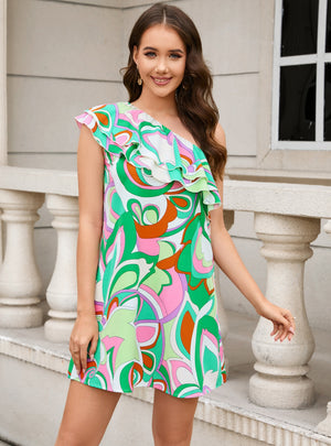 Fashion Printed High Waist One Shoulder Dress