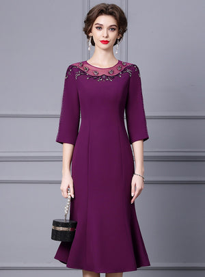 Purple Short Sleeve Beading Mother Of The Bride Dress