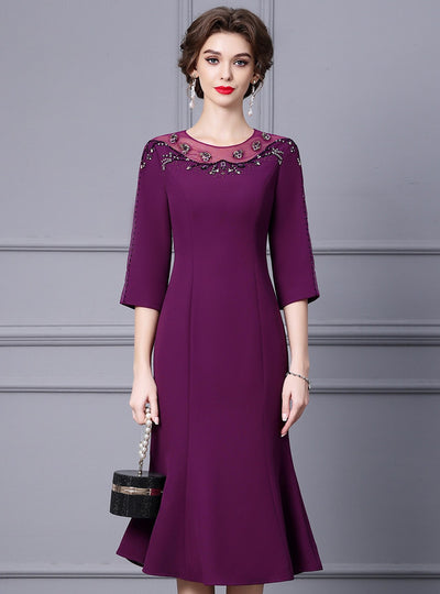 Purple Short Sleeve Beading Mother Of The Bride Dress