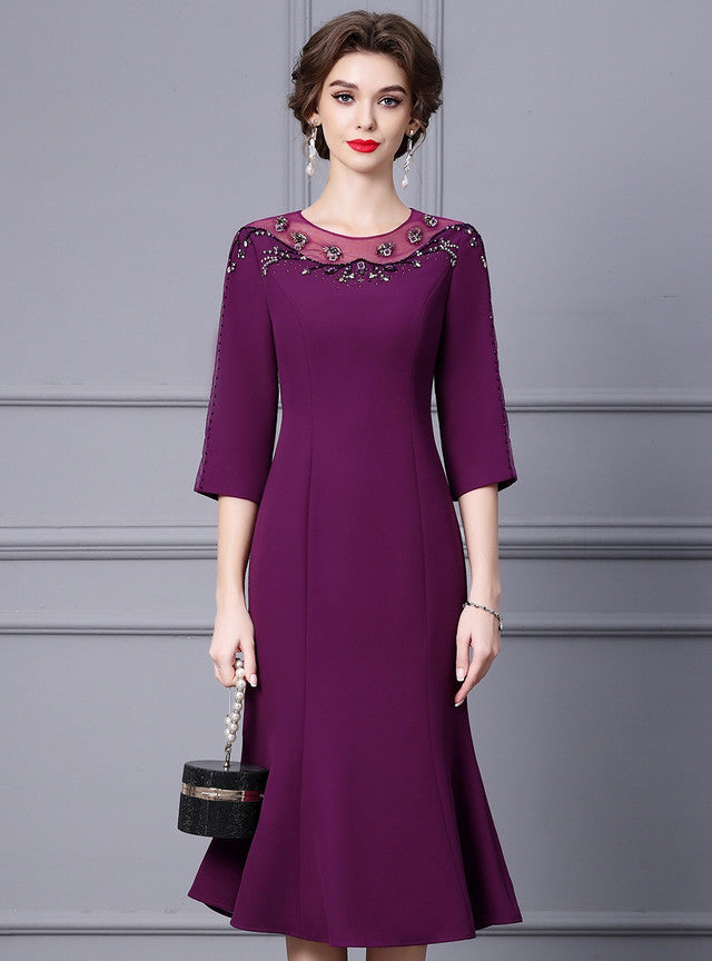 Purple Short Sleeve Beading Mother Of The Bride Dress