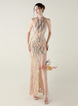 Mermaid Sequins Halter Backless Beading Prom Dress