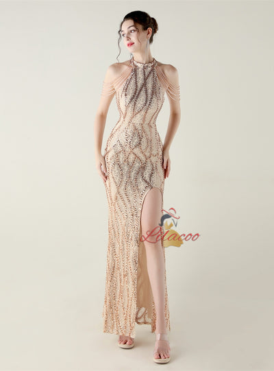 Mermaid Sequins Halter Backless Beading Prom Dress