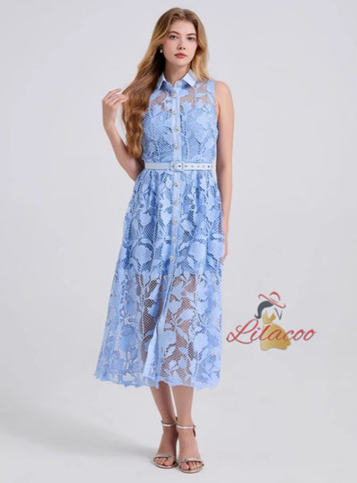 Blue Lace Embroidered Lapel Sleeveless Dress