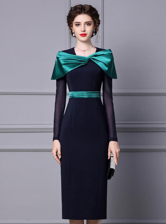 Navy Blue Long Sleeve Mother Of The Bride Dress