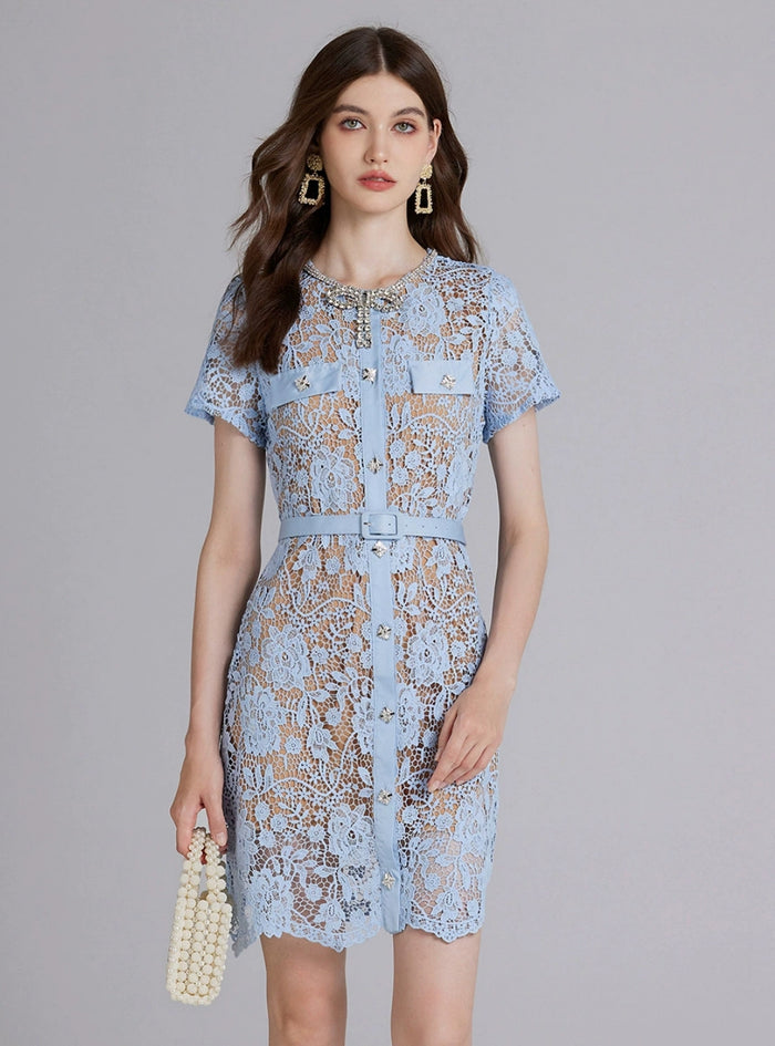 Lace Silm Waist Nail Drill Bow Slim Dress