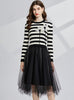 Three-dimensional Flower Round Neck Striped Contrast Dress