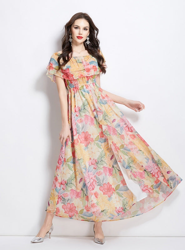 Off the Shoulder Stitching Printed Chiffon Dress