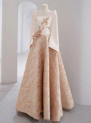 Champagne Long Sleeve 3D Flower Prom Dress
