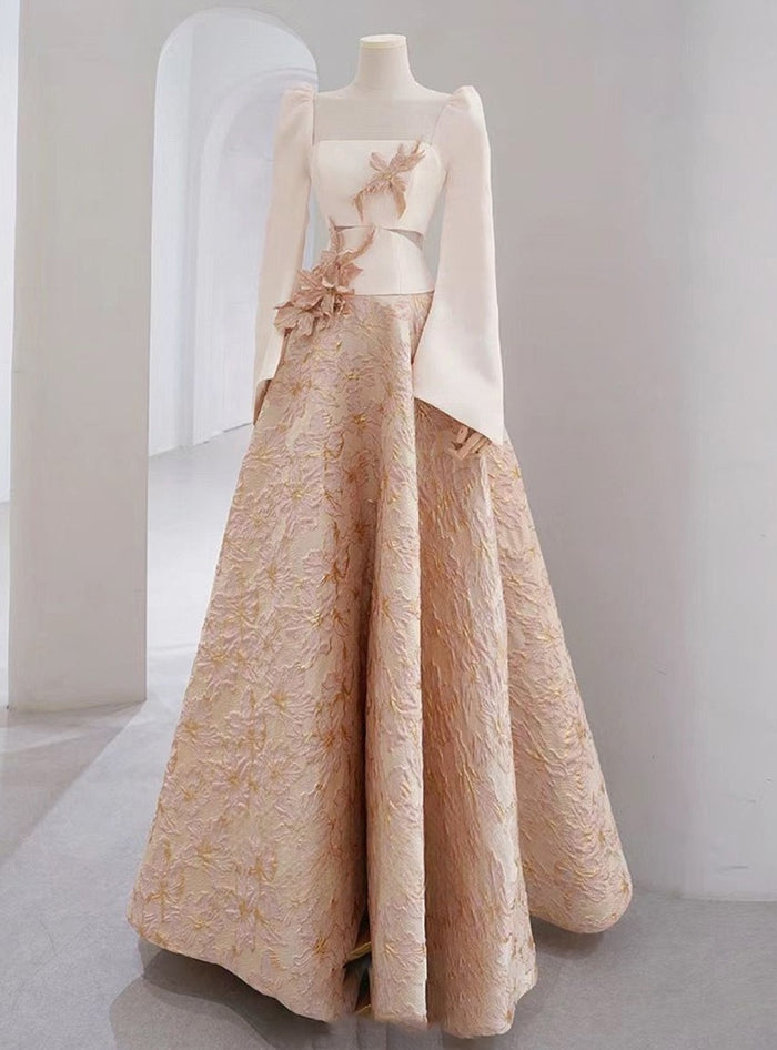 Champagne Long Sleeve 3D Flower Prom Dress