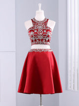 Red Satin Two Piece Beading Homecoming Dress