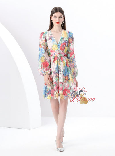 Retro V-neck Breasted Printed Dress