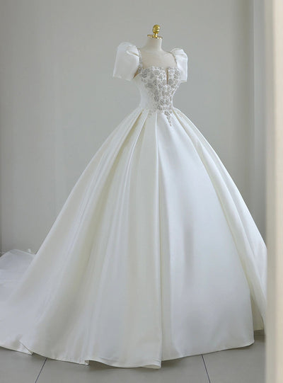 White Satin Puff Sleeve Beading Wedding Dress