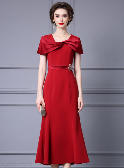 Red Pleats Beading Mother Of The Bride Dress