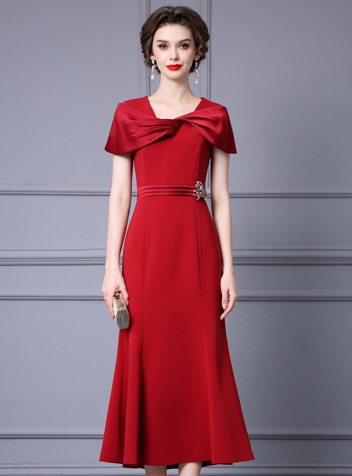 Red Pleats Beading Mother Of The Bride Dress