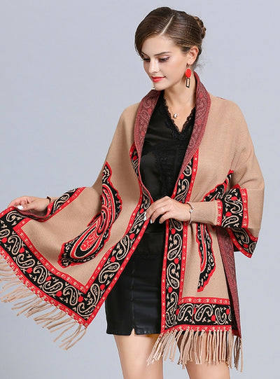 Jacquard Fringed Knitted Shawl Cloak