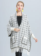 Plaid Loose Mink Bat Sleeve Fringed Shawl
