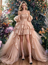Champagne Tulle Hi Lo Prom Dress