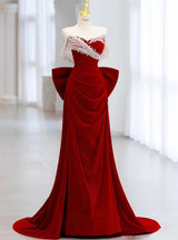 Burgundy Velvet Pleats Beading Prom Dress