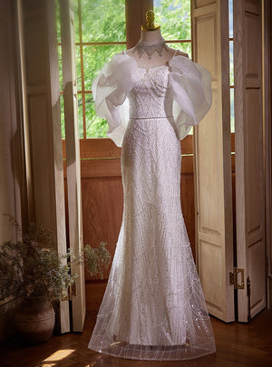 White Mermaid Sequins Spaghetti Straps Wedding Dress